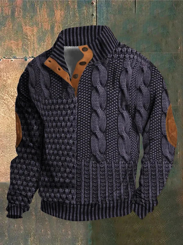 Men’s Button Collar Patchwork Cable Knit Jumper