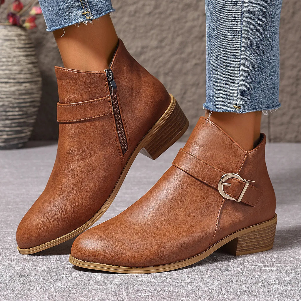 Women's Comfortable Chunky Heel Leather Ankle Boots