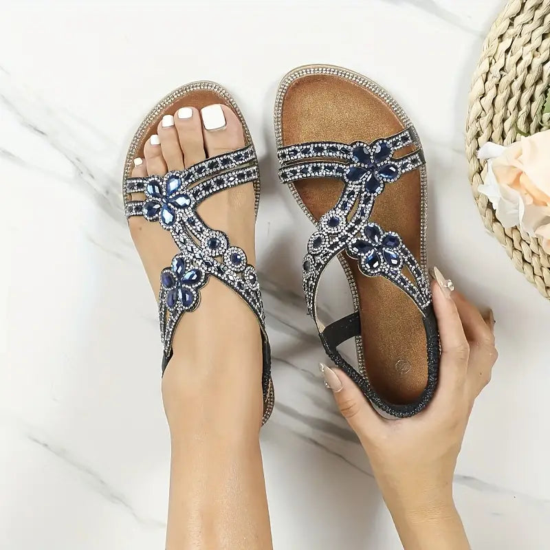 Women's Floral Rhinestone Flat Sandals