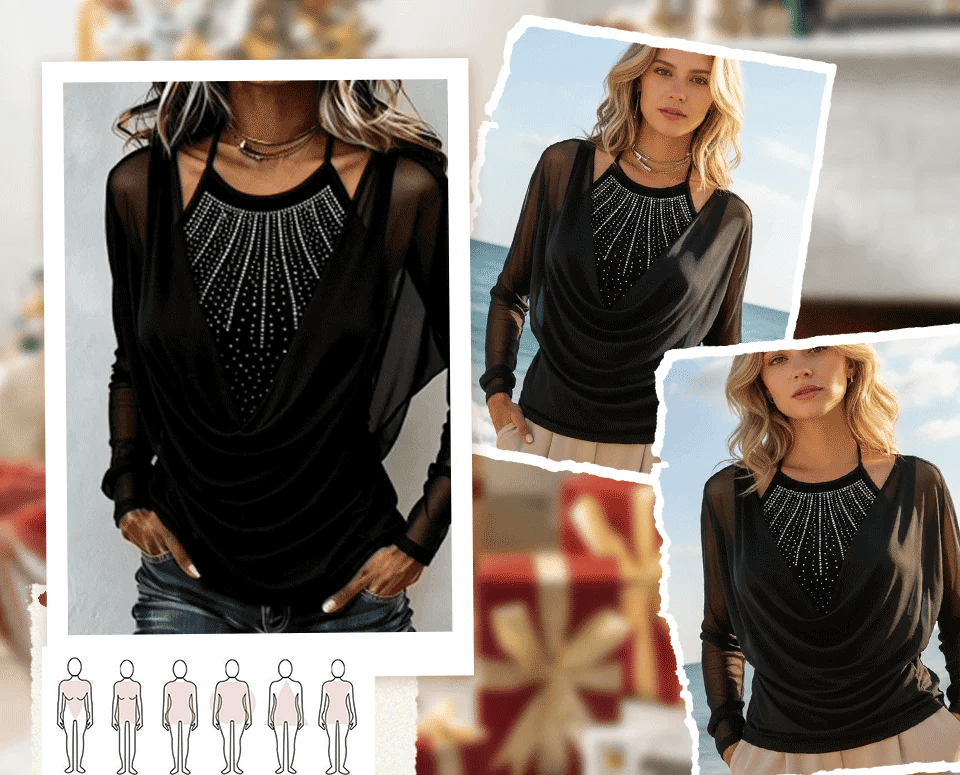 Women’s Draped Sparkle Mesh Sleeve Top