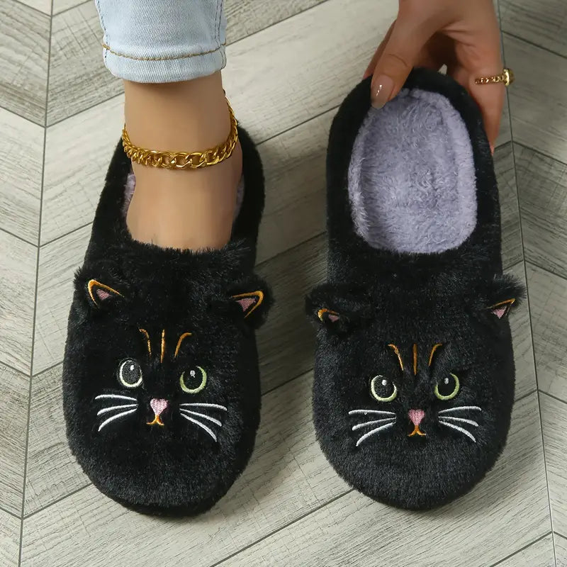 Women’s Cat Face Plush Fleece-Lined House Slippers