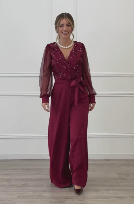 Women’s Sequin-Embellished Long Sleeve Mesh Jumpsuit