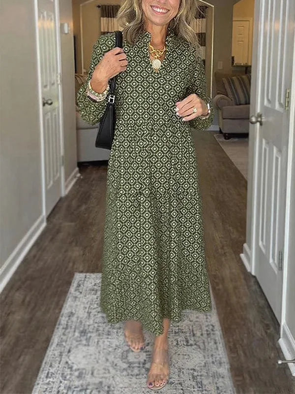 Women's V Neck Vintage Printed Maxi Dress