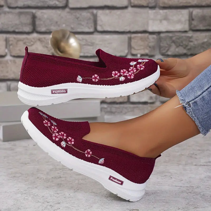 Women's Knit Walking Shoes - Embroidered & Slip-On