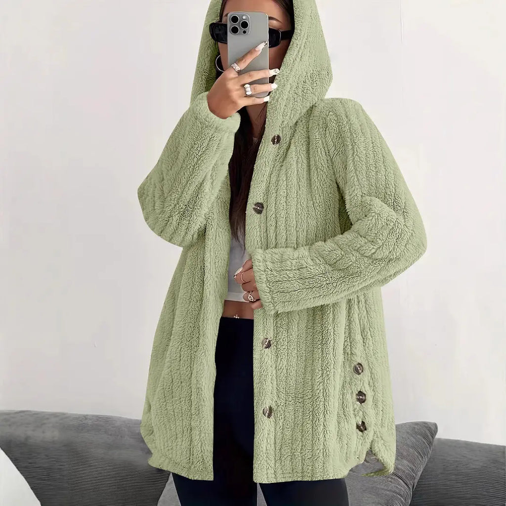 Women’s Longline Hooded Plush Fleece Button Jacket