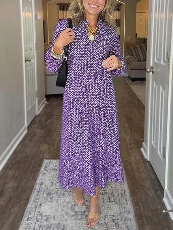 Women's V Neck Vintage Printed Maxi Dress