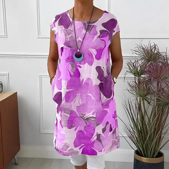 Women’s Butterfly Print Loose Knee Length Dress with Round Neck