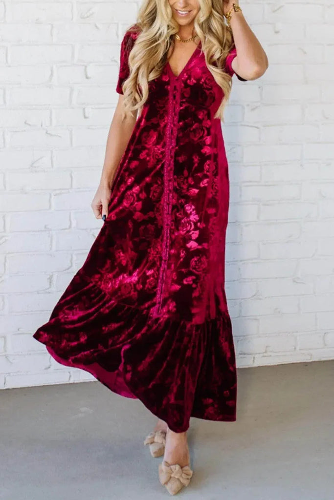 Women’s Embossed Velvet Button-Front Lace-Trim Maxi Dress