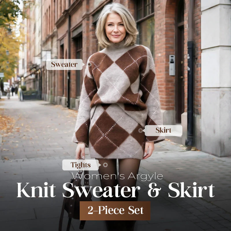 Women’s Argyle Knit Sweater and Mini Skirt Two Piece Set
