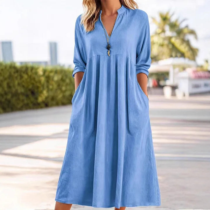 Women’s Relaxed Cotton-Linen V-Neck Pocket Midi Dress