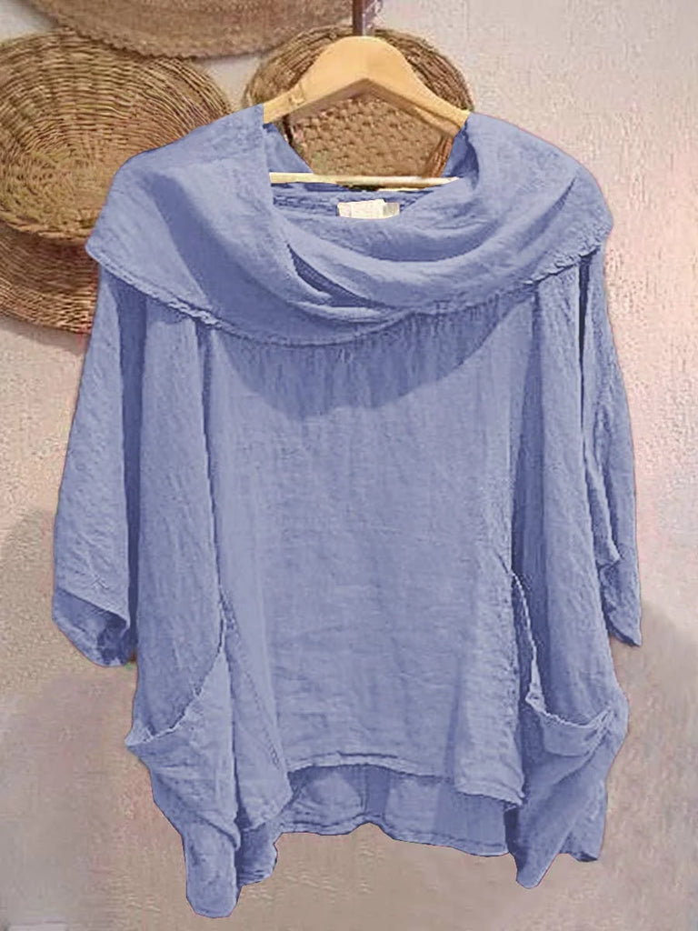 Women’s Draped Neck Linen-Blend Pocket Top