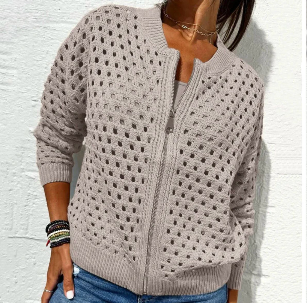 Women's Casual Zipper Knit Jacket with Hollow Design