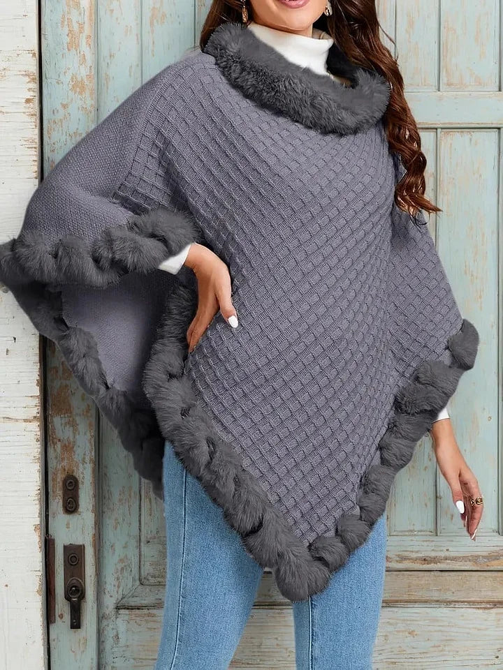 Women’s Faux-Fur Trim Knitted Winter Poncho Scarf