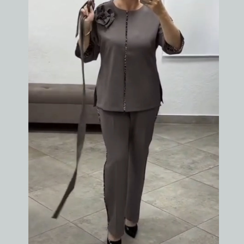 Women’s Leopard-Trim Belted Wide-Leg Suit Set