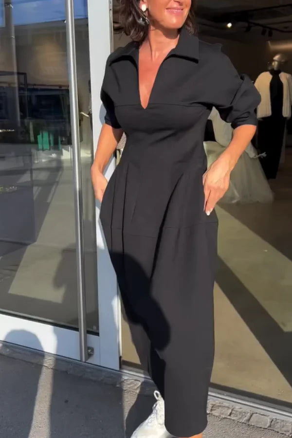 Blooming Elegance V-Neck Midi Dress with Lapel Detail