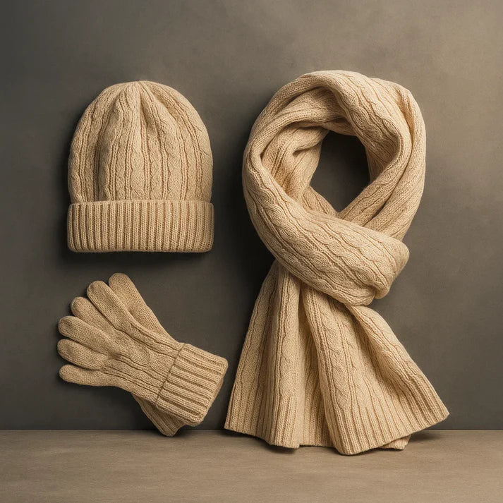 Wool-Blend Classic Knit Hat, Scarf & Gloves Winter Set