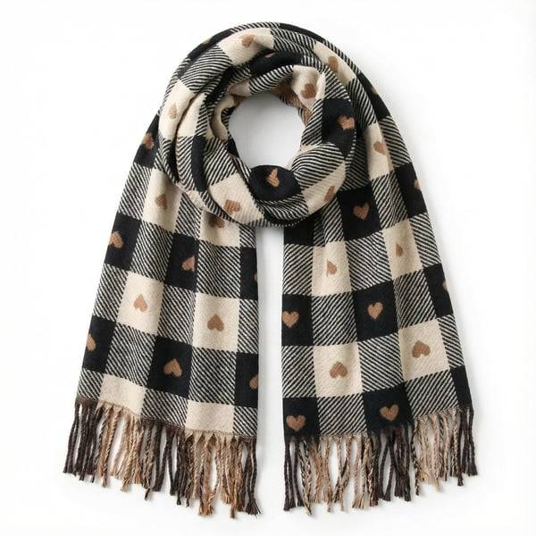 Heart Check Wool Blend Tassel Scarf Wrap