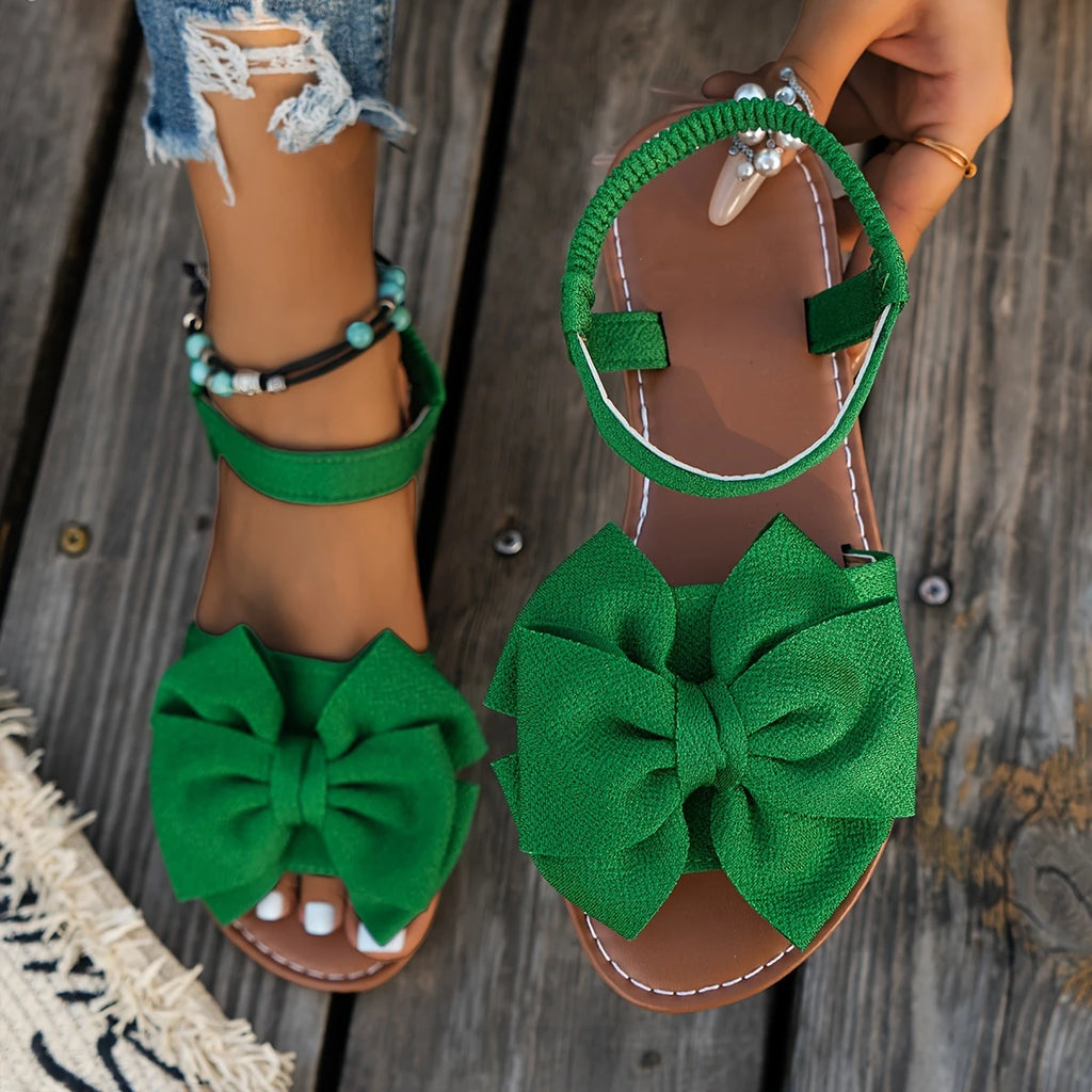 Women's Black Bow Flat Sandals - Comfortable Slip-On Summer Shoes