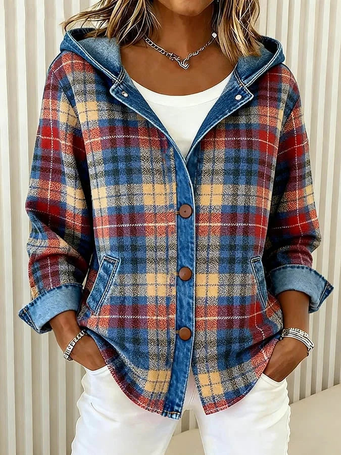 Women’s Contrast Check Hooded Denim Jacket