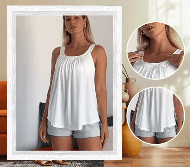 Women’s Built-In Padded Tank Top with Pleated Front and Wide Straps