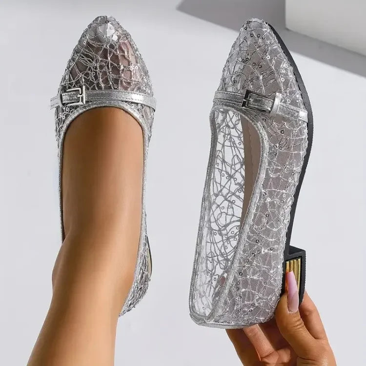 Women’s Sparkle Mesh Lace Loafers with Low Block Heel