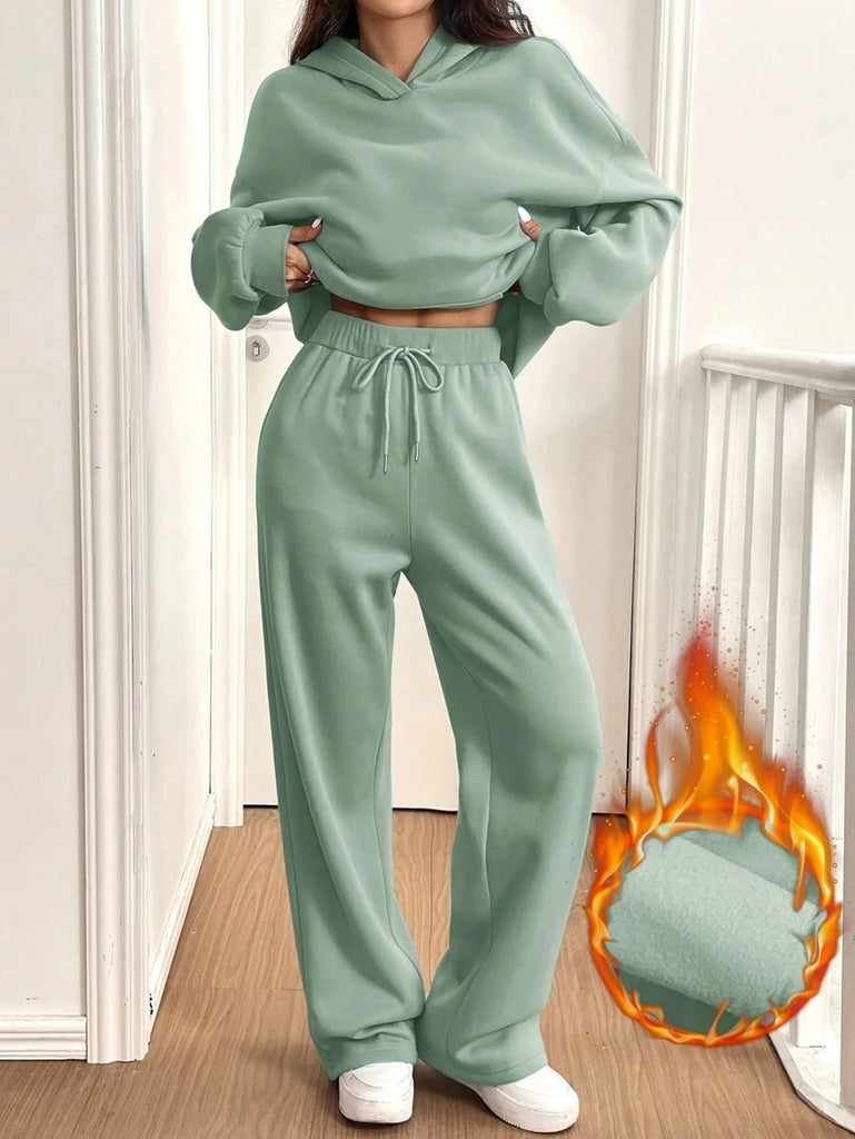 Women’s Warm-Lined Shirt-Collar Hoodie & Sweatpants Set