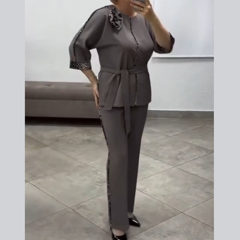 Women’s Leopard-Trim Belted Wide-Leg Suit Set