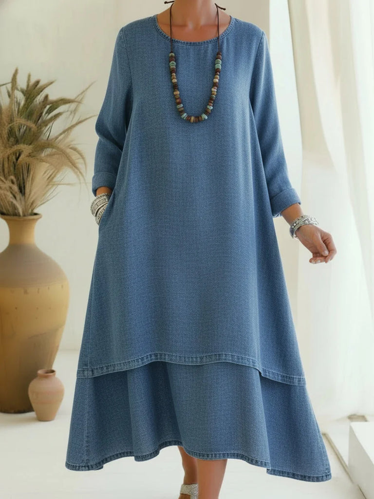 Women’s Double-Layer Denim Midi Dress with Relaxed Sleeves