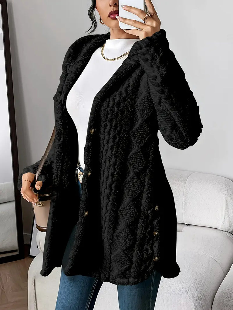 Plush Diamond-Pattern Hooded Cardigan