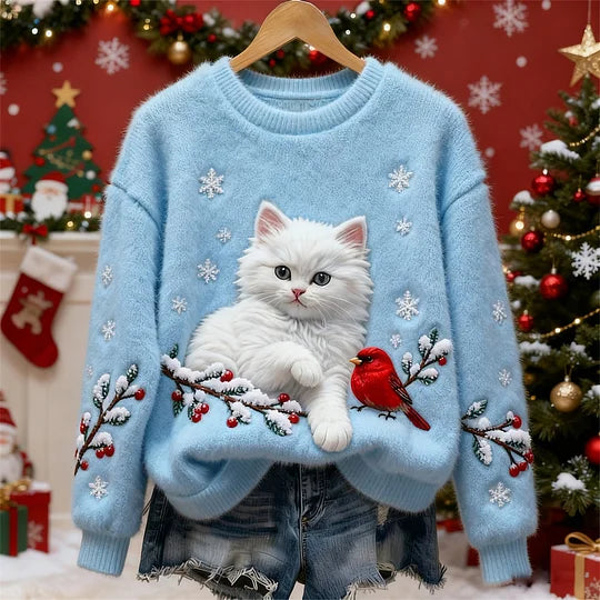 Women’s Festive Cat & Bird Flannel Christmas Sweater