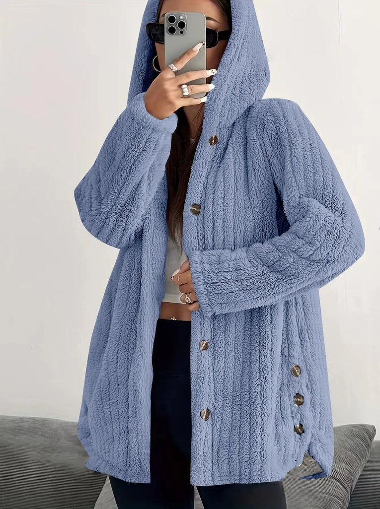 Women’s Longline Hooded Plush Fleece Button Jacket