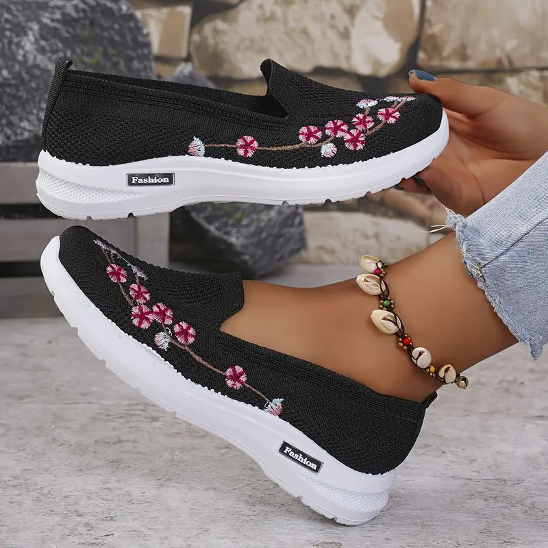 Women's Knit Walking Shoes - Embroidered & Slip-On