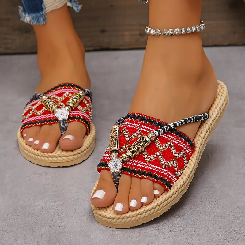 🌸 Boho Ethnic Beaded Strap Flat Sandals