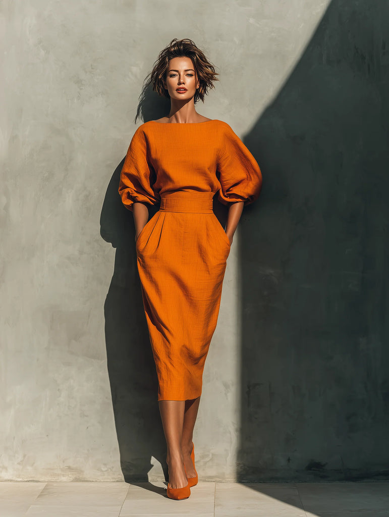 Women’s Bright Orange Puff Sleeve Midi Co-Ord Set