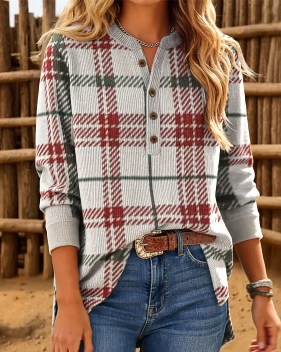 Women’s Plaid Button-Detail Sweatshirt