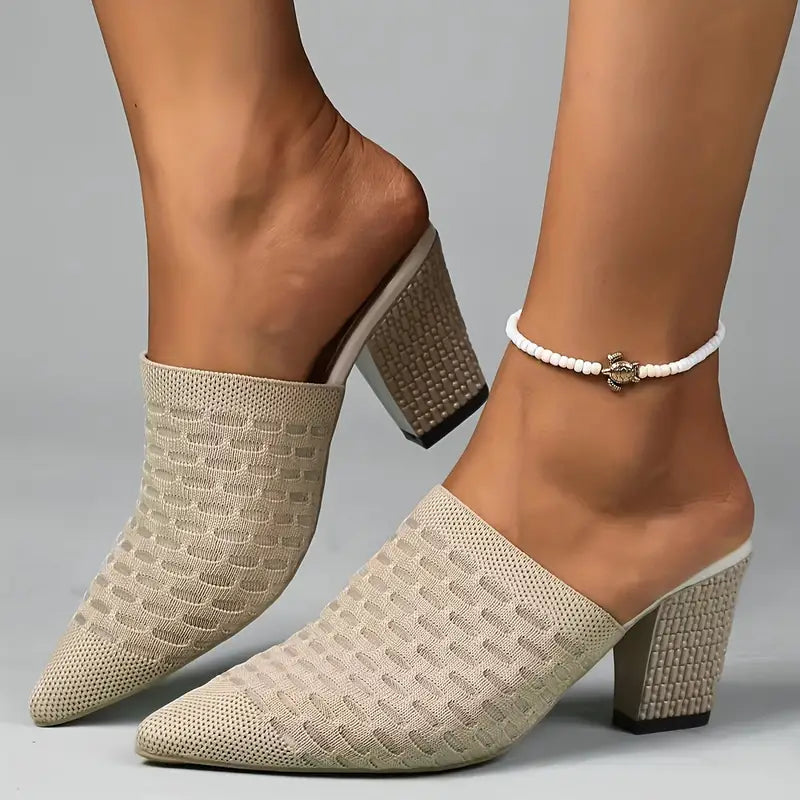 Women's Knit Heeled Mule Sandals: Chunky High Heels