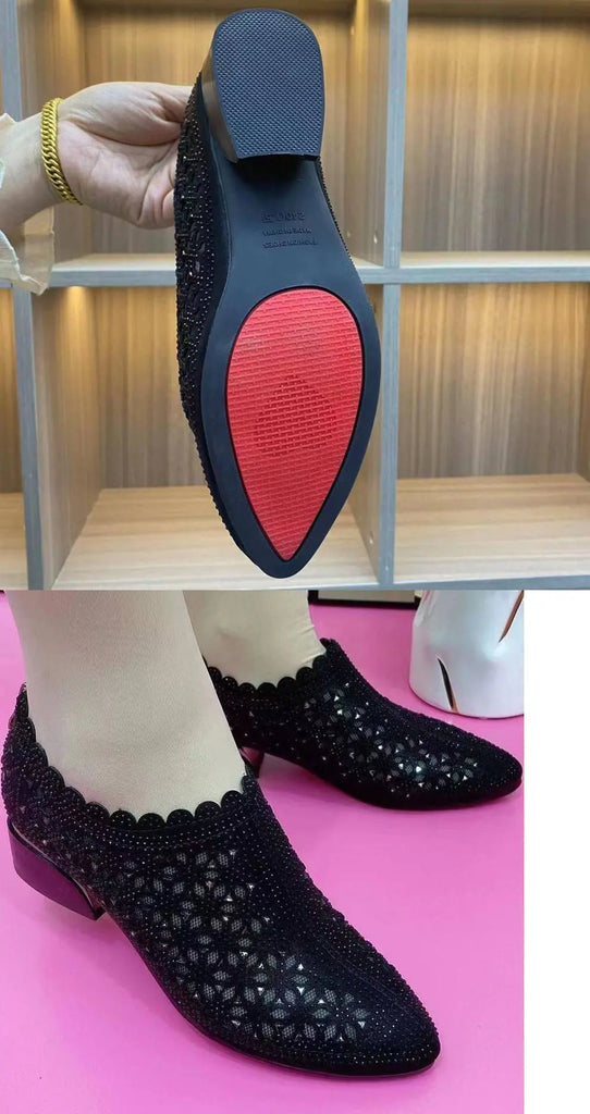 Women’s Autumn Mesh Sparkle Thick-Heel Slip-On Shoes