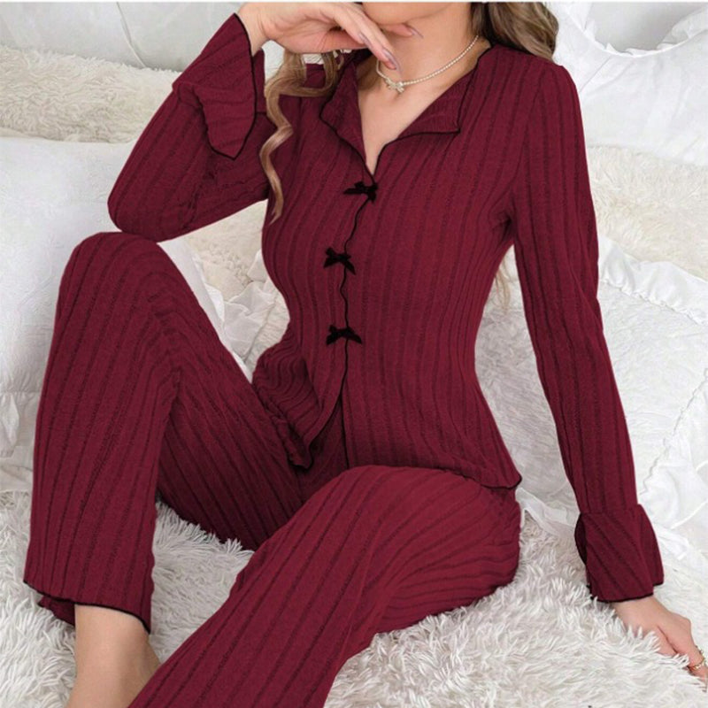 Women’s Ribbed Knit Bow-Detail Lapel Pyjama Set