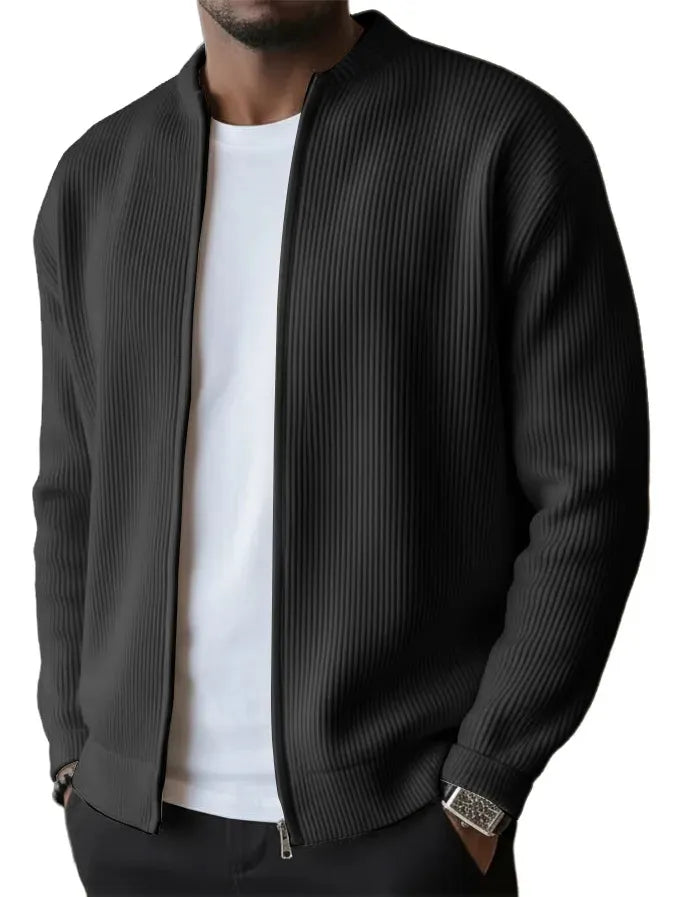 Men’s Ribbed Stand Collar Waffle Knit Button-Up Cardigan Jacket