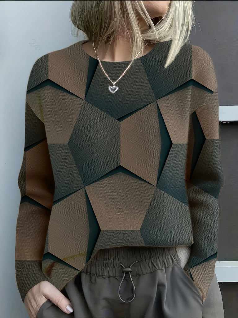 Knitted 3D Geometric Print Sweater