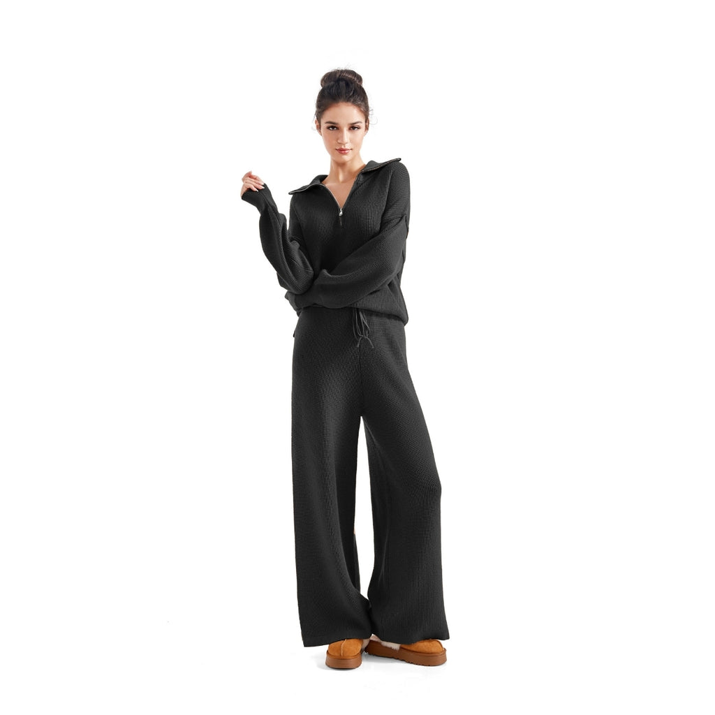 Women’s Ribbed Half-Zip Wide-Leg Knit Lounge Set