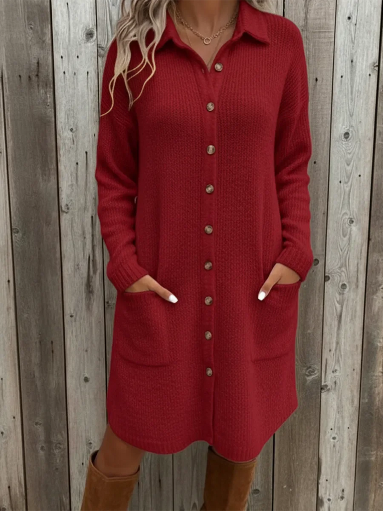 Women’s Knit Midi Shirt Dress with Pockets