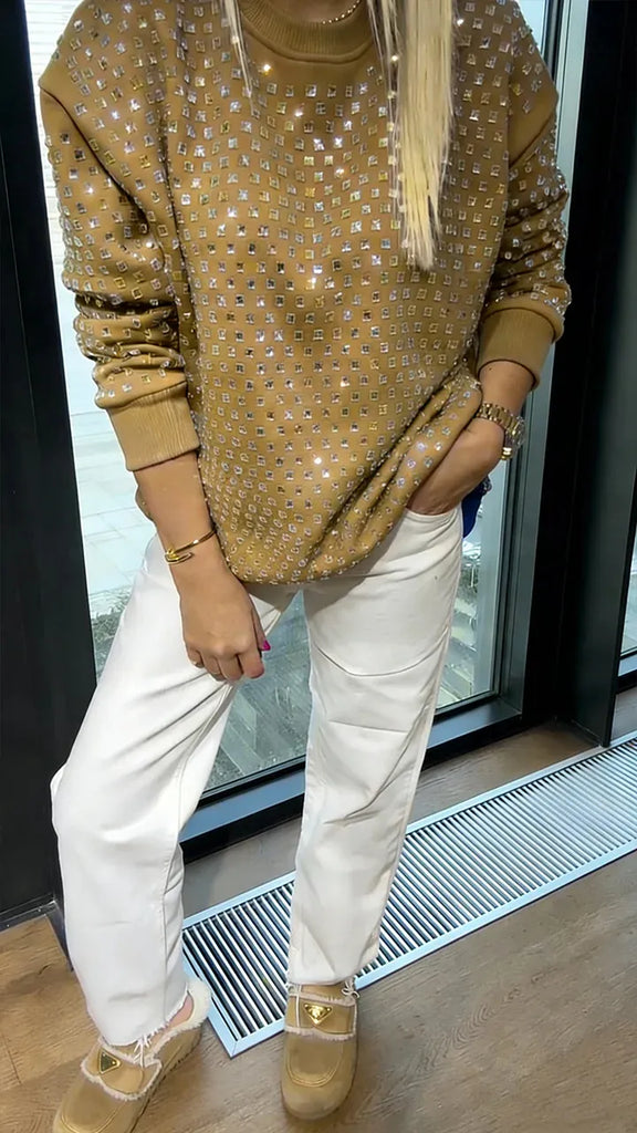 Women’s All-Over Rhinestone Crew Neck Casual Sweatshirt