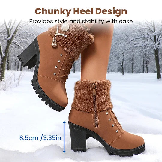 Women’s Warm Chunky Heel Crystal Trim Ankle Boots