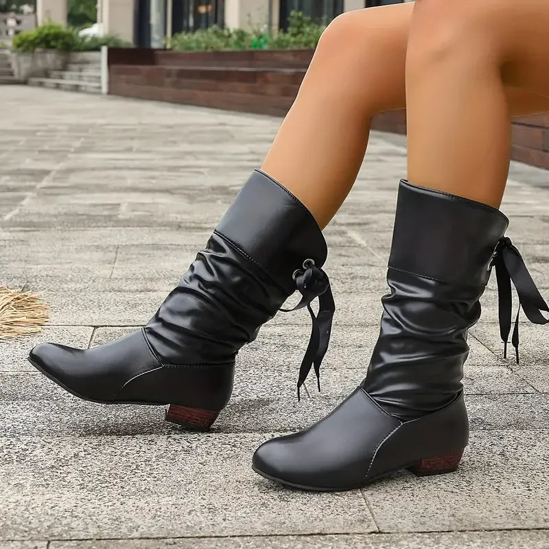 Women's Fashion Lace Up Chunky Heel Mid Calf Boots