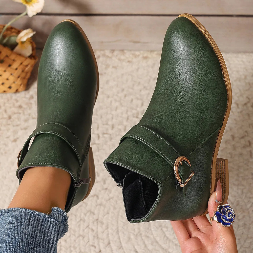 Women's Comfortable Chunky Heel Leather Ankle Boots