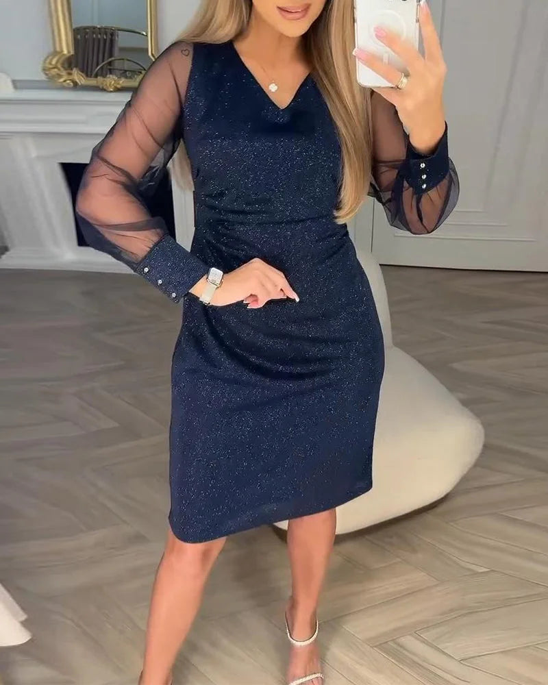 Women’s Sparkly V-Neck Mesh Sleeve Knee-Length Dress