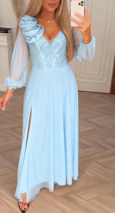 Women’s Sequin Bodice Sheer-Sleeve Floral Detail Evening Maxi Dress