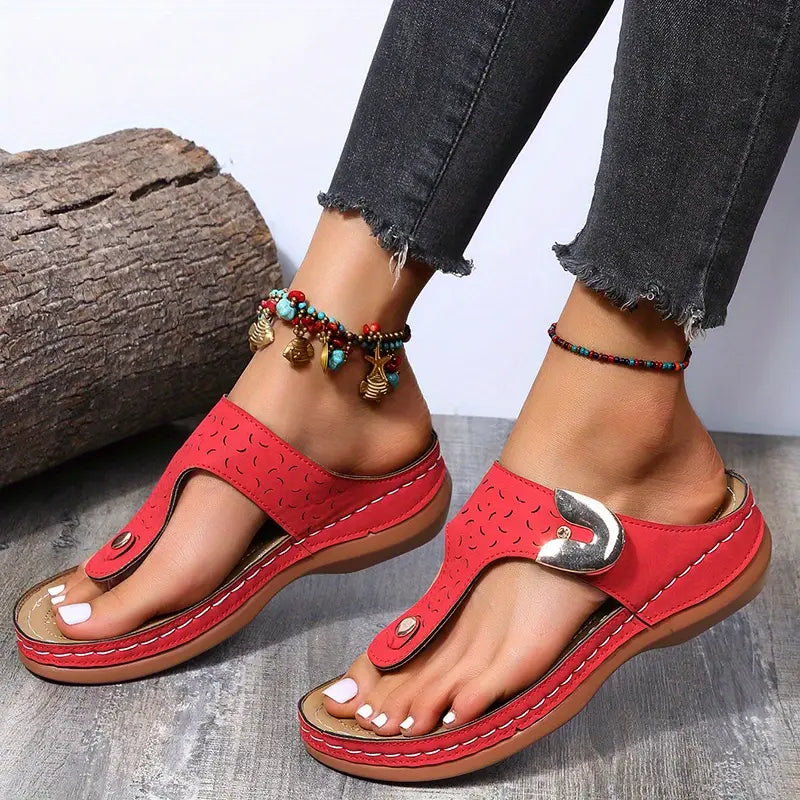 Women’s T-Strap Buckle Sandals – Comfortable Mid-Heel Slip-On