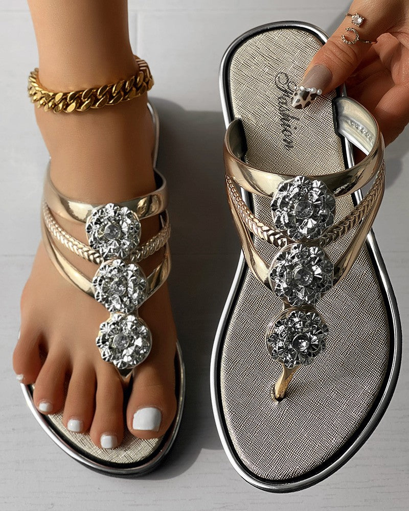 Rhinestone Floral Pattern Hollow Out Flip Flops Slippers